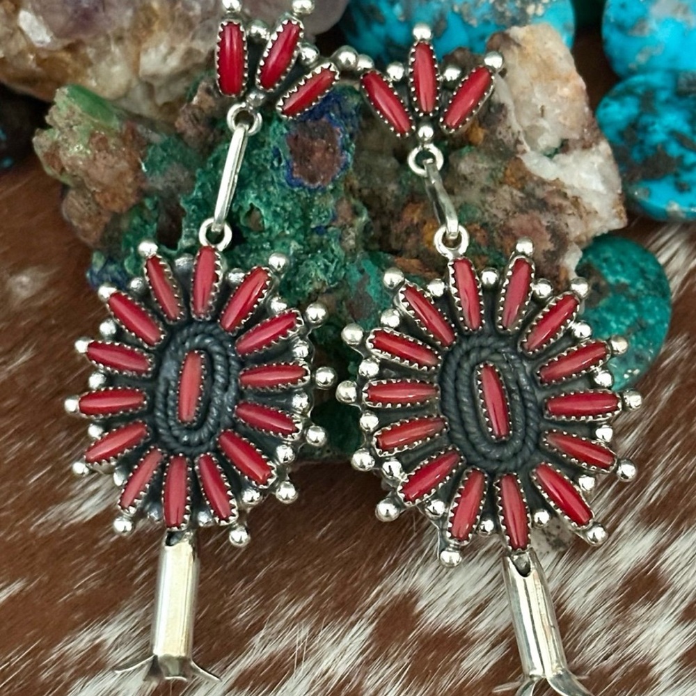 Mediterranean Coral Petit Point Statement sterling silver earrings